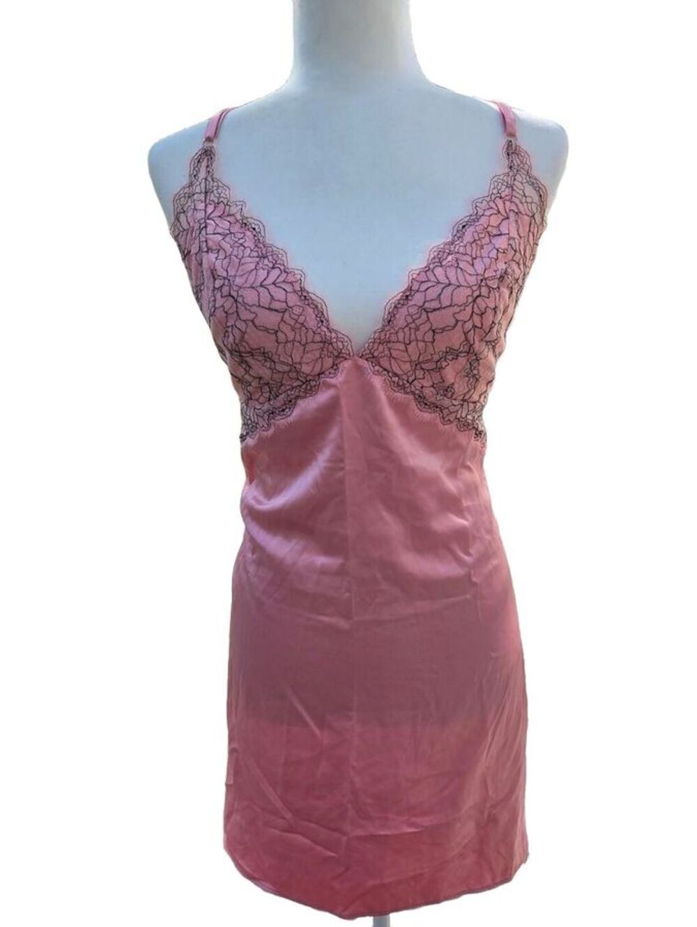 Pink Satin Black Lace Chemise Slip Dress Crotted Back Fairycore Cottage XL